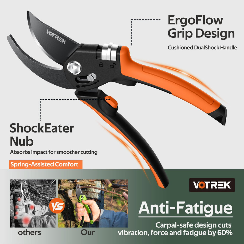 VOTREK® Pruning Shears, Patented Stepless Handle Opening for All Hand Size