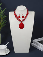 Jules D. Big Teardrop Pendant Necklaces for Women Colorful Beaded Necklaces Statement Set for Holiday. (Red)