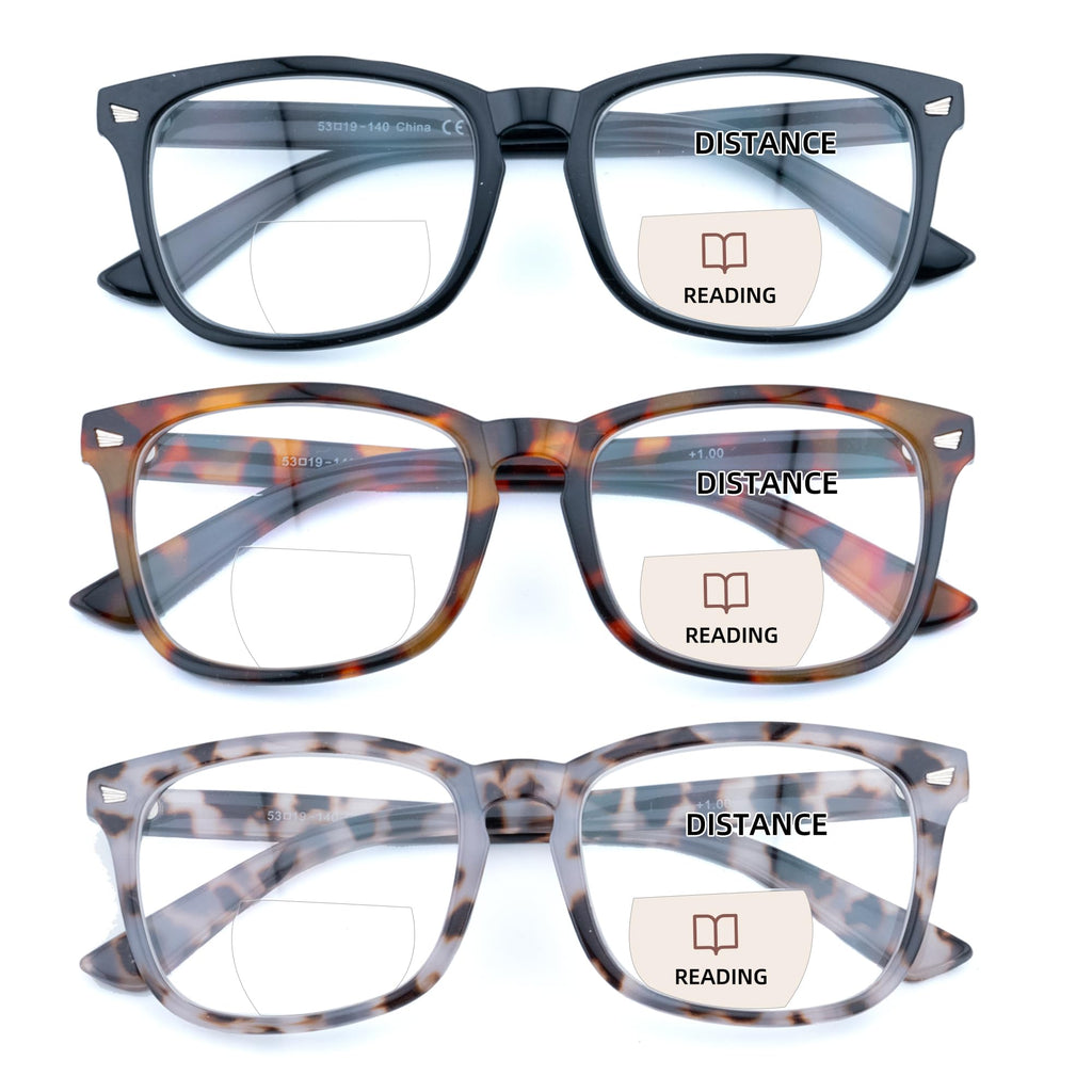 FEIVSN 3 Pack Bifocal Reading Glasses for Women Men Bi-focal Readers PC Frame Fixed Hinge Dual Focal Clear Top Eyewear, +1.75