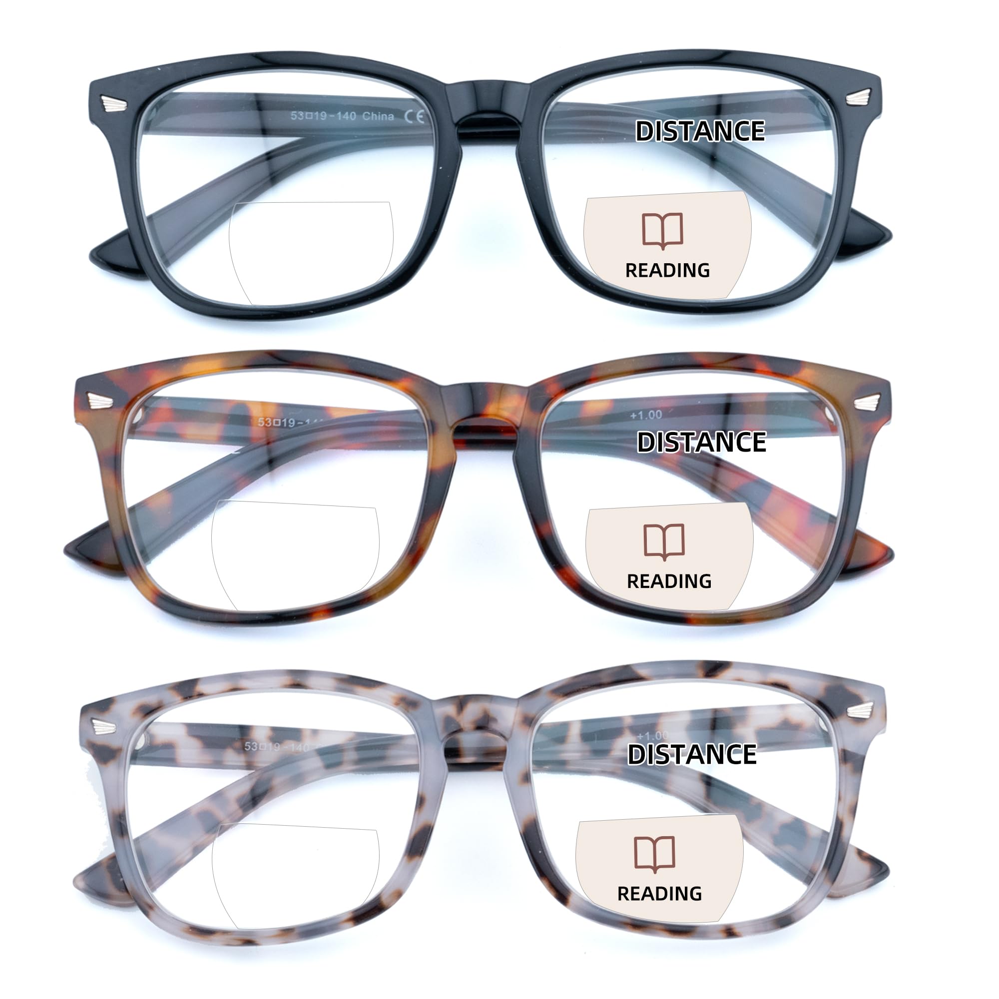 FEIVSN 3 Pack Bifocal Reading Glasses for Women Men Bi-focal Readers PC Frame Fixed Hinge Dual Focal Clear Top Eyewear, +1.75