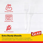 Glad Clear Heavy Duty Plastic Forks Reduced-Plastic Open Handle Break-Resistant Disposable or Reusable Cutlery Parties Camping Everyday Meals Standard Size 24 Count 12 Pack Everyday Events Home Use