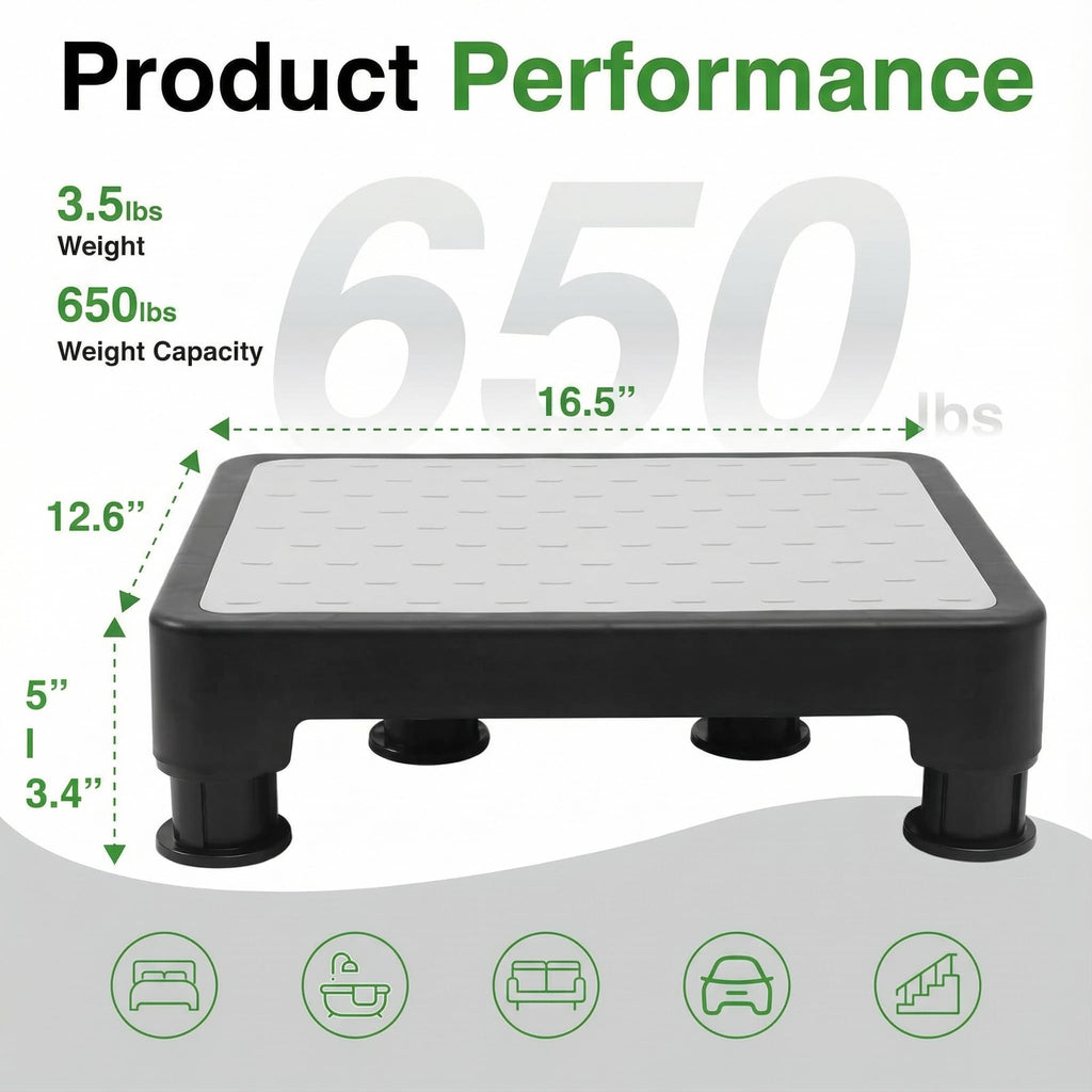 COOL-ANGLE Adjustable Step Stool for High Beds & SUV - Non-Slip Mobility Platform for Seniors, 650lbs Capacity, 3 Heights (3.4"-5"), Wide Safety Base for Car & Bath, 16.5"x12.6", Gray