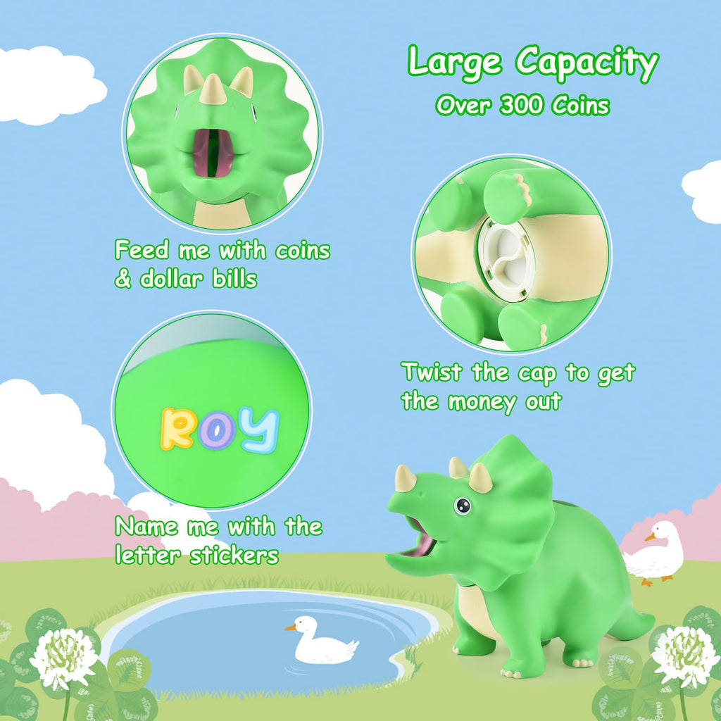 PJDRLLC Dinosaur Piggy Bank for Kids, Unbreakable Plastic Money Coin Bank for Boys and Girls, Great Gifts for Birthday, Easter, Christmas (Green)