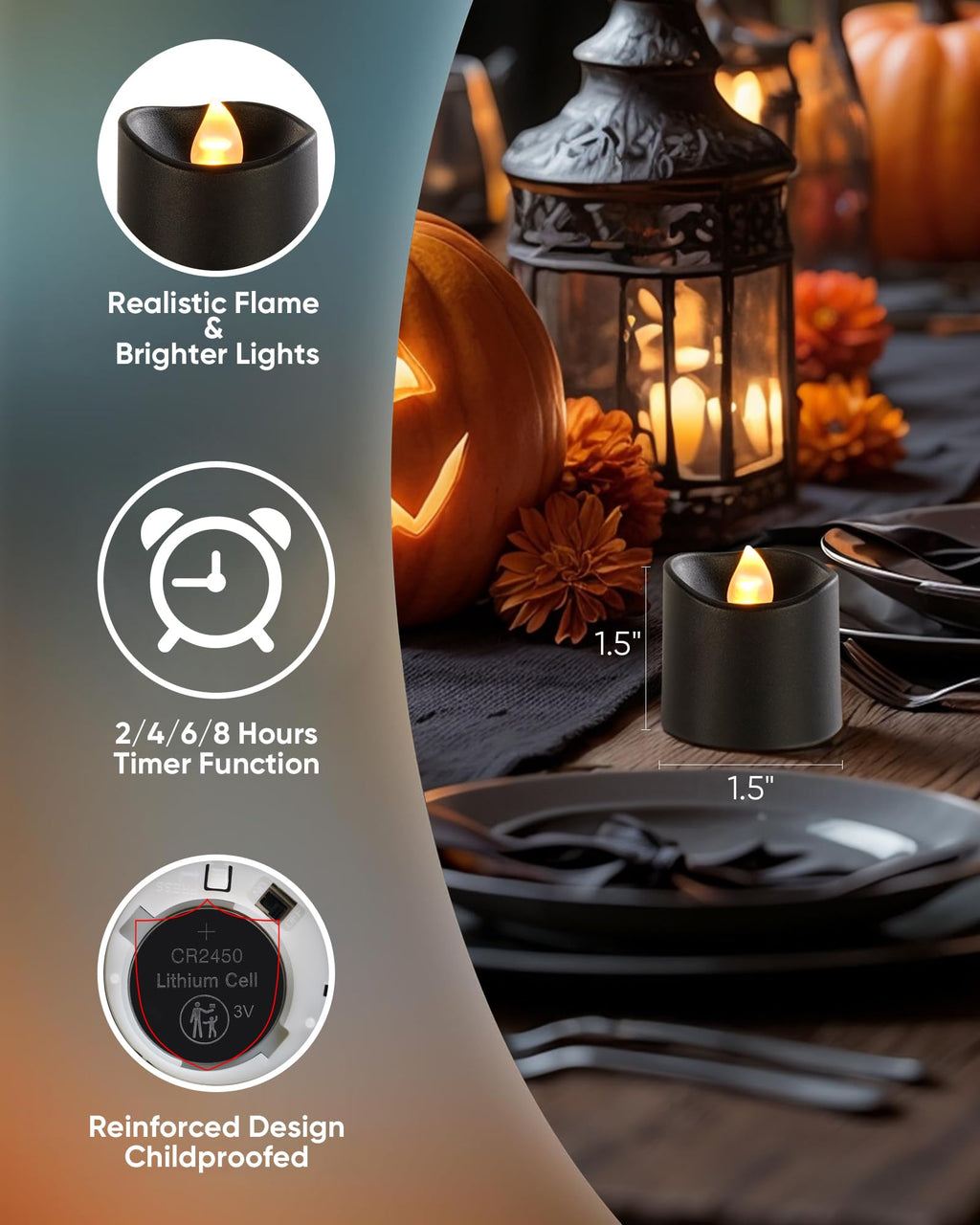 Homemory 24Pack 400+Hour Remote Control Flameless Candles, 2/4/6/8H Timer Led Votive Candles, Battery Operated Tea Lights for Wedding Table Centerpiece, Holidays, Halloween Pumpkins-Black