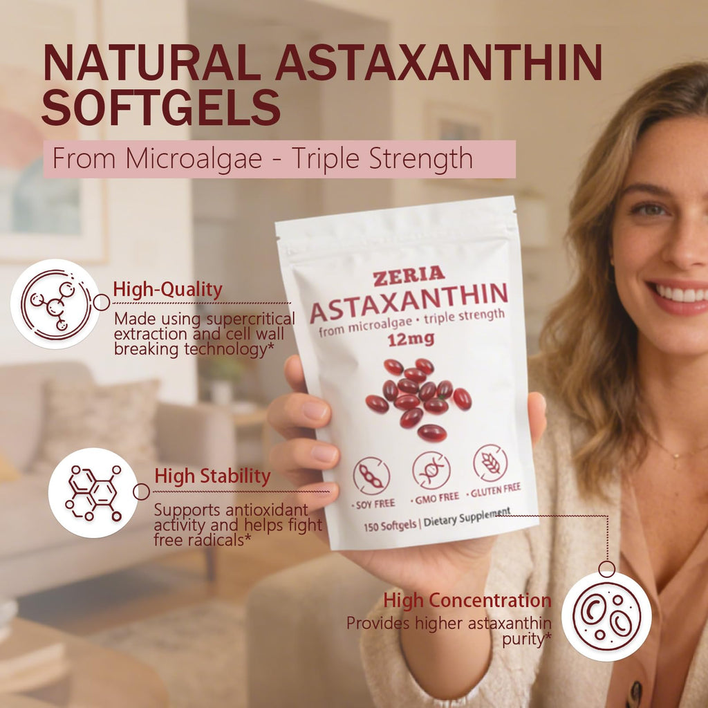 ZERIA Astaxanthin 12mg, Natural Microalgae Antioxidant for Eye, Skin & Immune Support - 150 Softgels