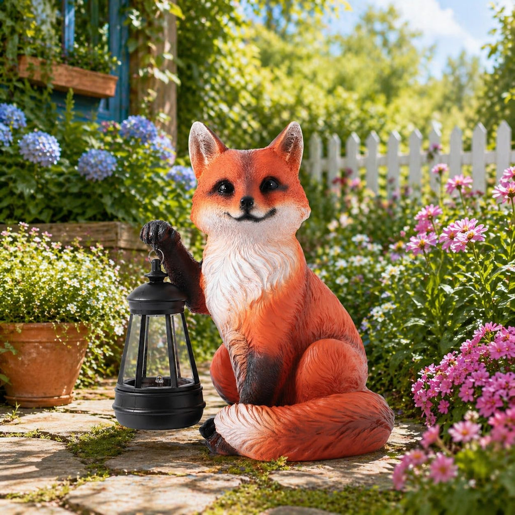 Solar Fox Garden Statue with Lantern, Woodland Fox Outdoor Decor, 9 inch