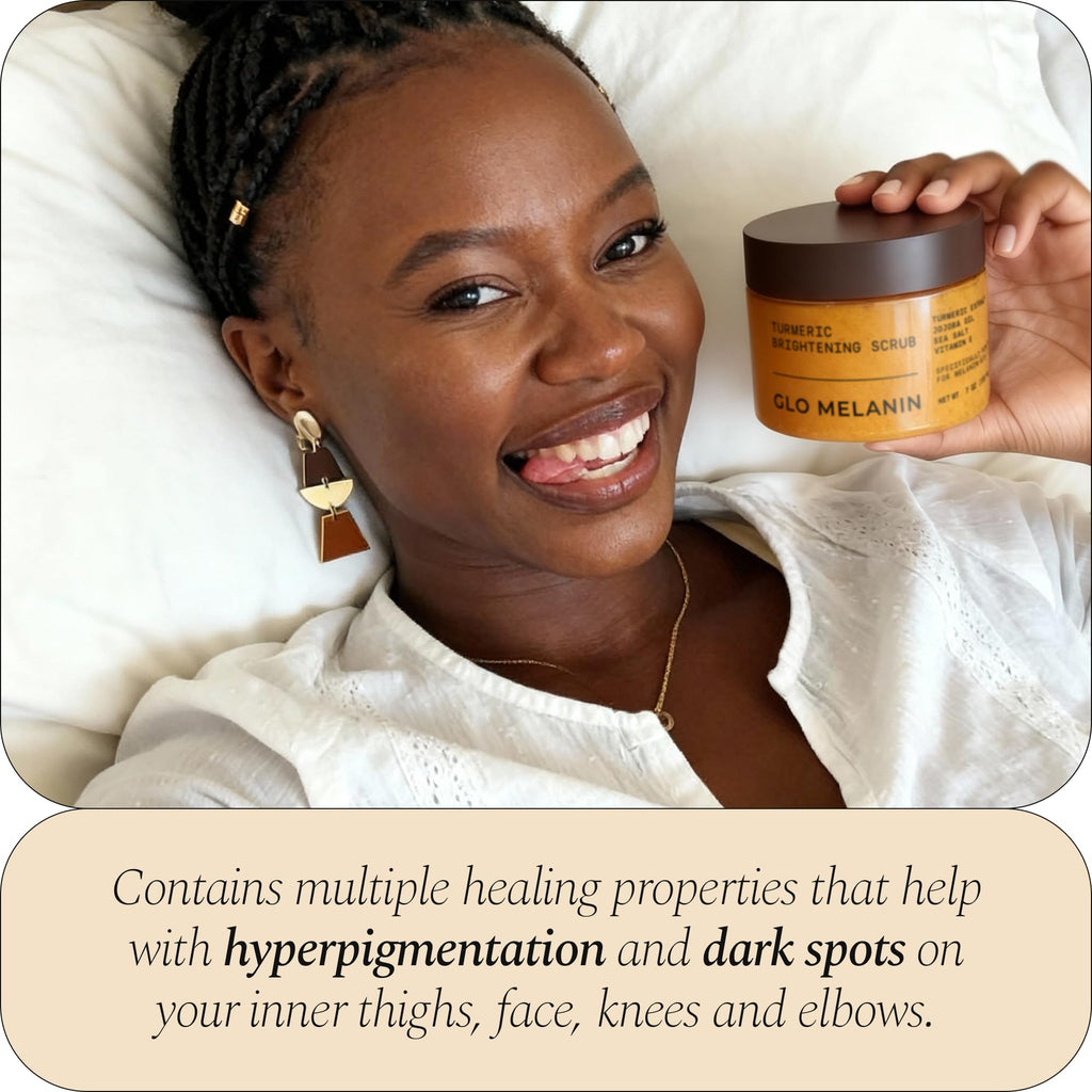 GLO Melanin Turmeric Scrub for Dark Spots, Brightening Inner Thighs Bikini Area Underarms, Natural Exfoliating Face