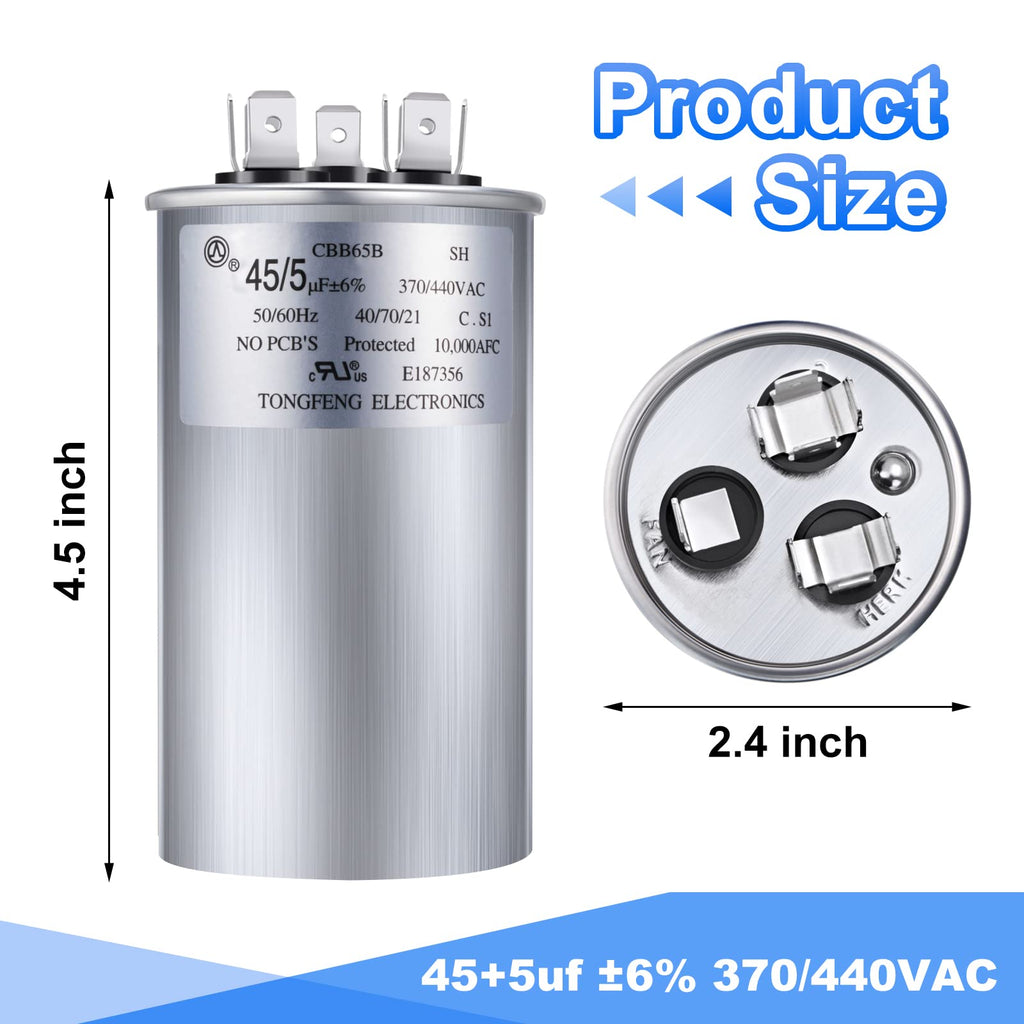 Frienda 2 Pcs 45+5 MFD 45/5 uf ±6% 370V or 440V VAC Dual Run Round Capacitor, 45 5 Start Capacitor for AC Air Conditioning Unit, Condenser Straight Cool or Heat Pump