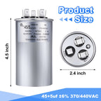 Frienda 2 Pcs 45+5 MFD 45/5 uf ±6% 370V or 440V VAC Dual Run Round Capacitor, 45 5 Start Capacitor for AC Air Conditioning Unit, Condenser Straight Cool or Heat Pump