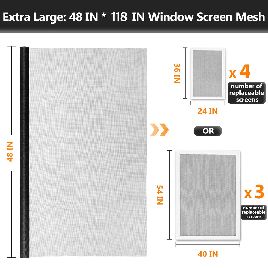 Secopad Window Screen Repair Kit, 48" x 118" Screen Door Mesh Replacement Kit, Durable Fiberglass Roll with Tools for Windows Doors Patio and Porch Replacement, Black