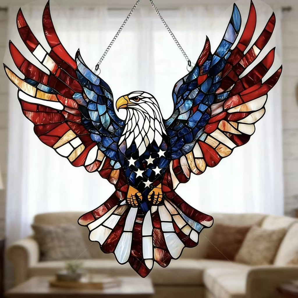 4th of July Sun Catcher for Window Hanging with Eagle Designs Acrylic Stained Glass for Garden 250th Anniversary America Ornament Blue Red White Independence Day Party Decor