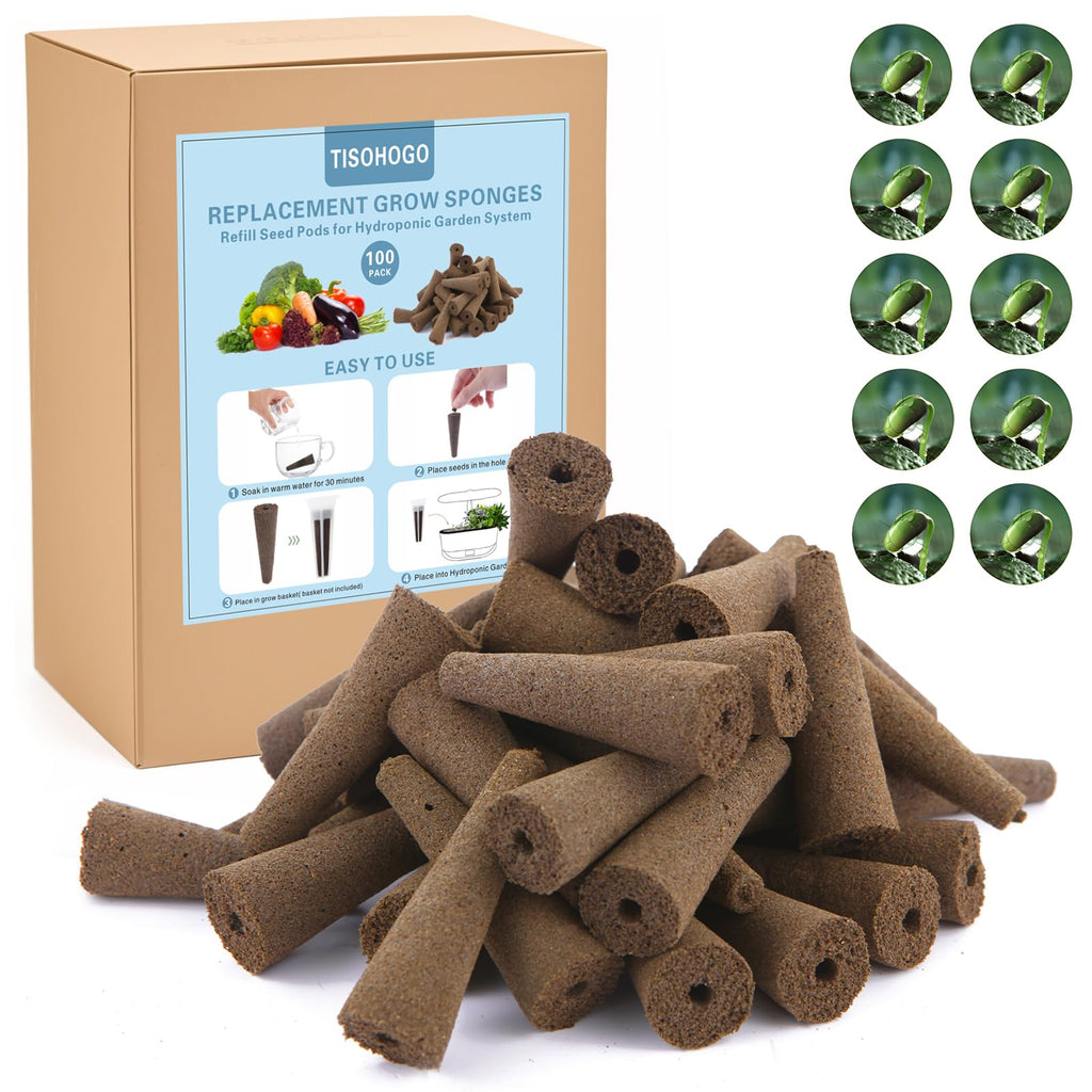 TISOHUGO 100 Pack Grow Sponges, Seed Pods Replacement Root Growth Sponges Compatible with AeroGarden, Moldy-Free, Sponges Kit with 10 Pod Labels for Hydroponic Indoor Garden System