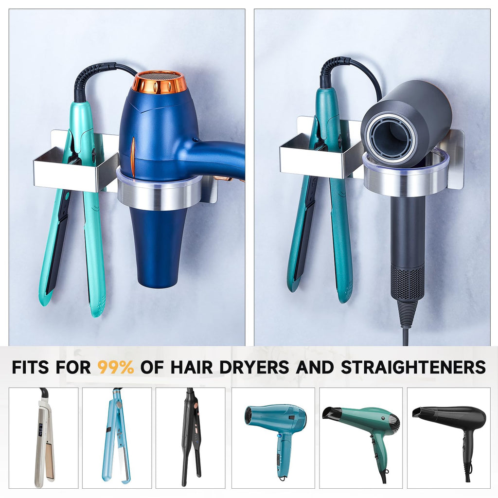 Hair Dryer Holder Wall Mounted, Hair Straightener Holder, Blow Dryer Holder Adhesive, Hair Tool Organizer for Flat Iron, Hairdryer, Curling Iron Holder for Bathroom Vanity Barber Shop (Silver)
