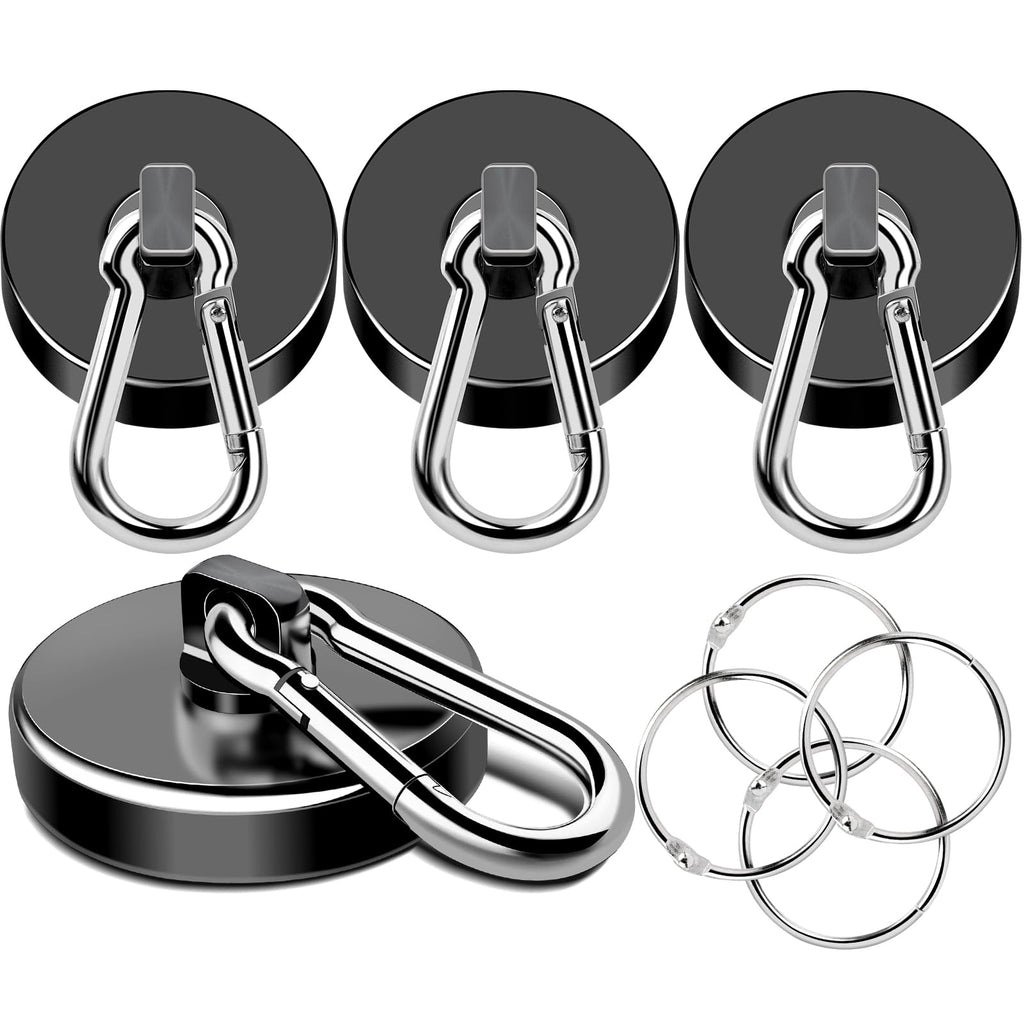MIKEDE Strong Magnetic Hooks Heavy Duty, 200LBS+ Black Swivel Neodymium Magnets with Carabiner Hook, Hooks for Hanging, Curtain - 4 Pack