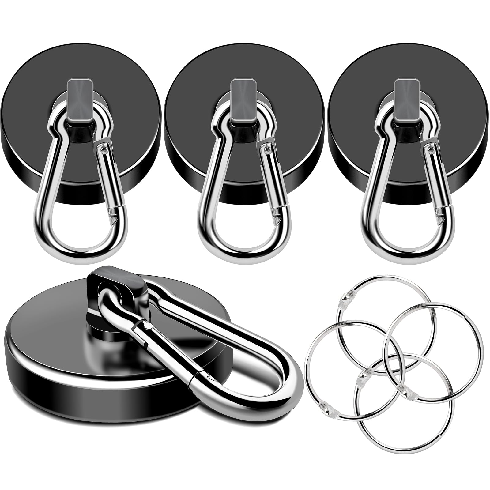MIKEDE Strong Magnetic Hooks Heavy Duty, 200LBS+ Black Swivel Neodymium Magnets with Carabiner Hook, Hooks for Hanging, Curtain - 4 Pack