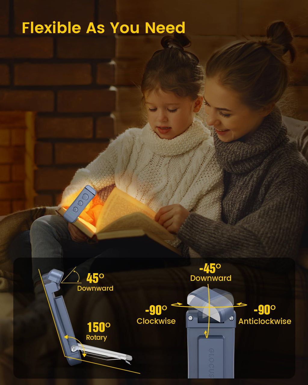 Glocusent USB Rechargeable Book Light, Portable Clip-on LED Reading Light, Reading Lights for Books in Bed with 3 Amber Colors & 5 Brightness Dimmable, Compact & Long Lasting, Perfect for Book Lovers