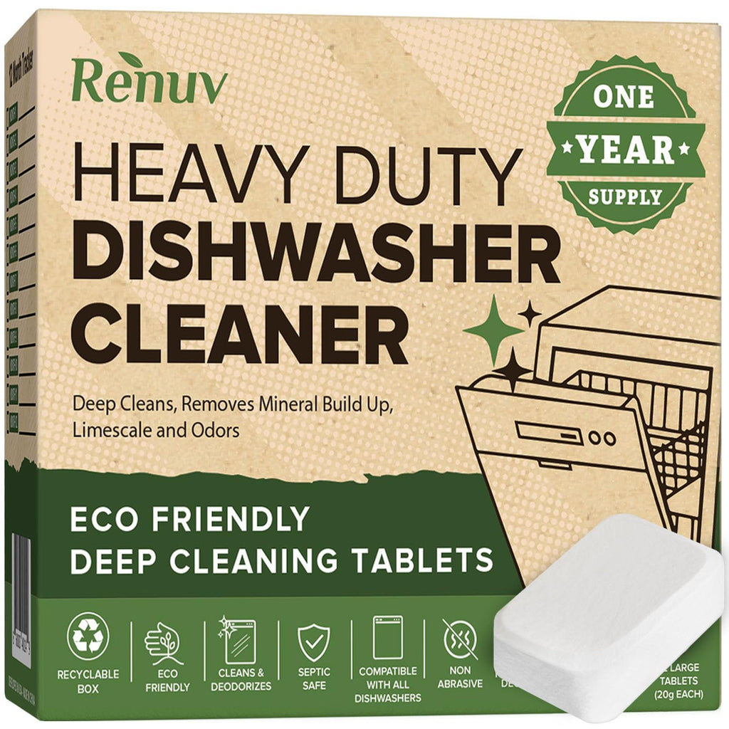 Renuv® Heavy Duty Dishwasher Cleaner & Deodorizer Tablets, Descaler, Deep Cleaning, Natural Odor & Smell Remover, Calcium, Limescale, Hard Water Marks, Grease, Septic Safe Pods (12 Tabs 1 Yr Supply)