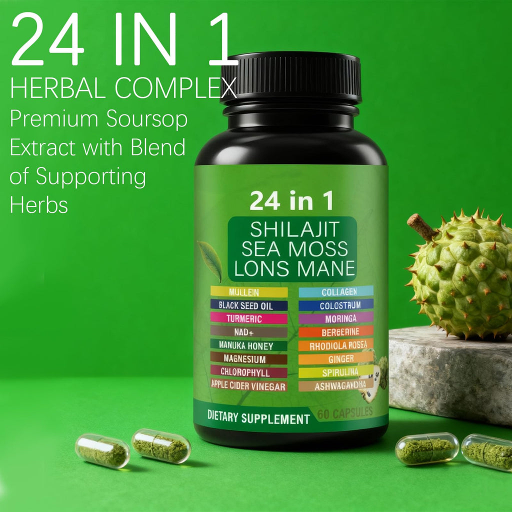 Soursop Capsules with 24-in-1 Herbal Blend - Includes Graviola, Shilajit, Sea Moss, Lions Mane, Turmeric, Ashwagandha, Ginger, Manuka Honey - Vegan, Non-GMO Dietary Supplement - 60 Capsules (01)