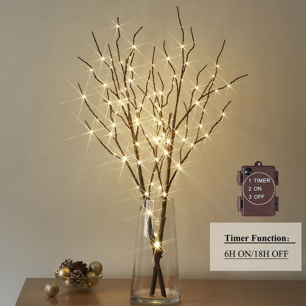 Hairui Lighted Brown Branches Battery Operated with Timer 32IN 100 LED Fairy Lights, Willow Branch Lights for Home Bedroom Fireplace Christmas Holiday Decoration Indoor Outdoor Use (Vase Excluded)