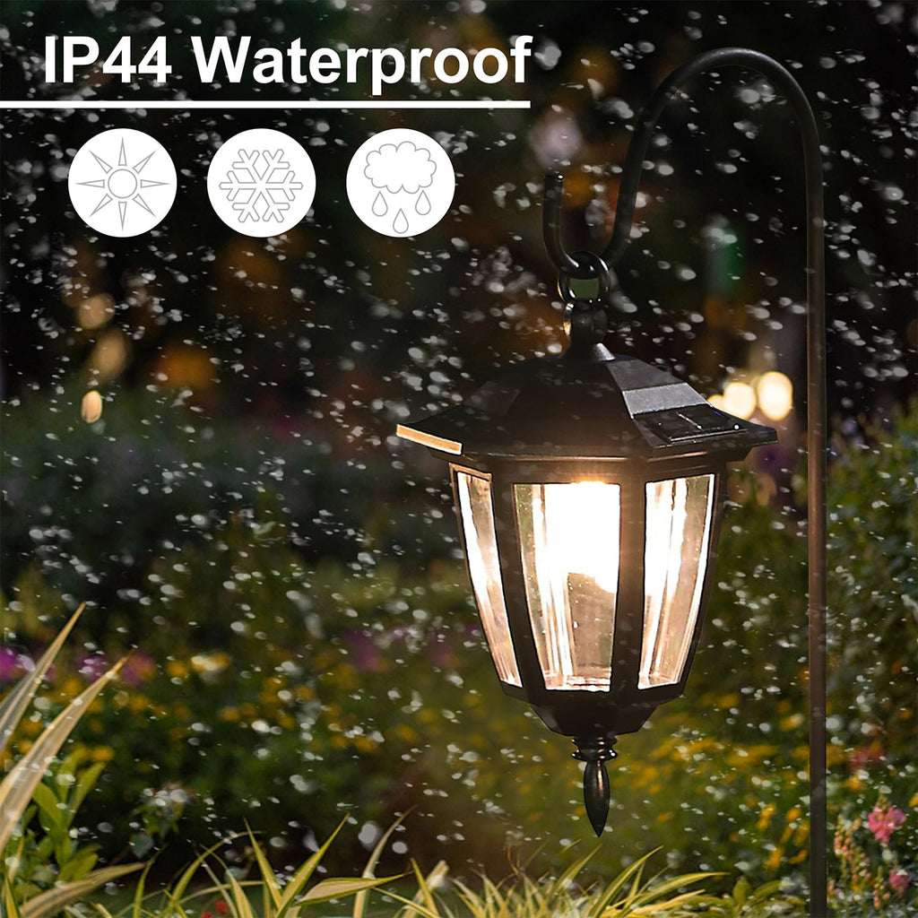 Dynaming 4 Pack Solar Hanging Lights Outdoor, Solar Powered Garden Decorative Lanterns with 4 x 38 Inch Shepherd Hooks, Waterproof Landscape Lighting for Lawn Patio Yard Pathway Driveway, Warm White