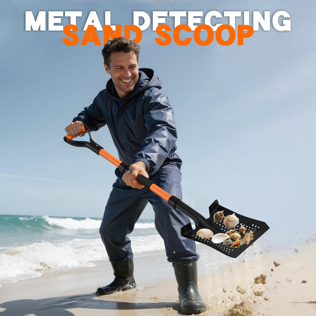 Sand Sifter Shovel for Beach: 42'' Sand Scoop for Metal Detecting with Ergonomic D-Handle - Sifting Shovel Twist-Lock Connection & Extra-Wide Step for Treasure Hunting & Metal Detecting Hobbyists