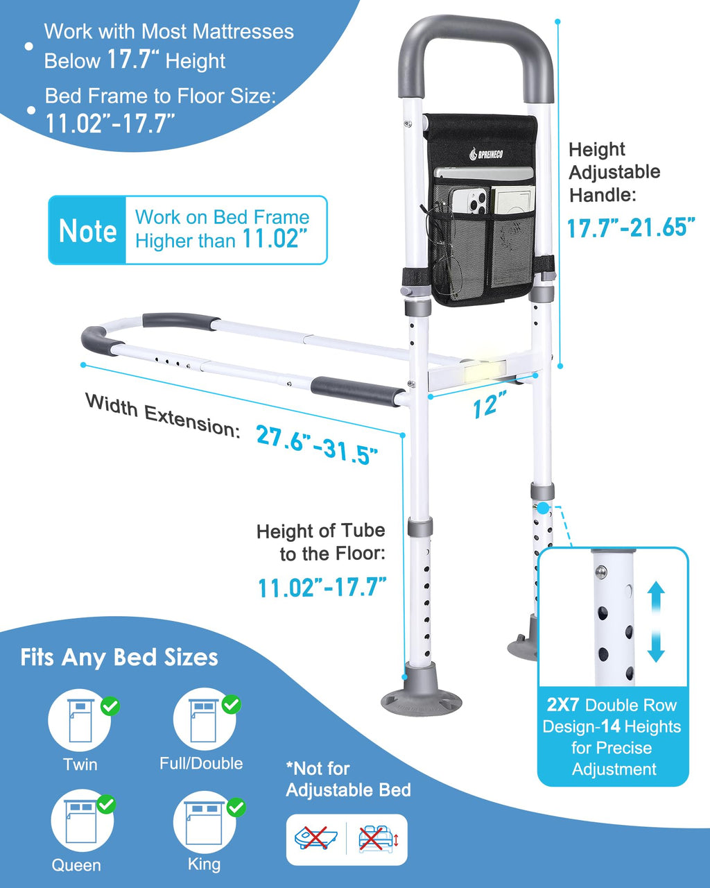 BPREINECO Bed Rails for Elderly Adults Safety, Reinforced Bed Handle Bedside Assist with Motion Sensor Light & Storage Pocket, Adjustable Bedrail Grab Bar Handrails, Stable Bed Can for Seniors, Gray