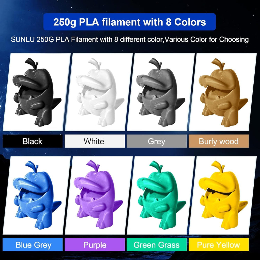SUNLU 3D Printer Filament, Neatly Wound 250G Spool PLA Filament Bundle, 1.75mm PLA Filament Muticolor, High Compatiblity, 8 Rolls, Black+White+Grey+Burlywood+Purple+Bluegrey+GrassGreen+PureYellow