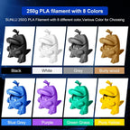 SUNLU 3D Printer Filament, Neatly Wound 250G Spool PLA Filament Bundle, 1.75mm PLA Filament Muticolor, High Compatiblity, 8 Rolls, Black+White+Grey+Burlywood+Purple+Bluegrey+GrassGreen+PureYellow