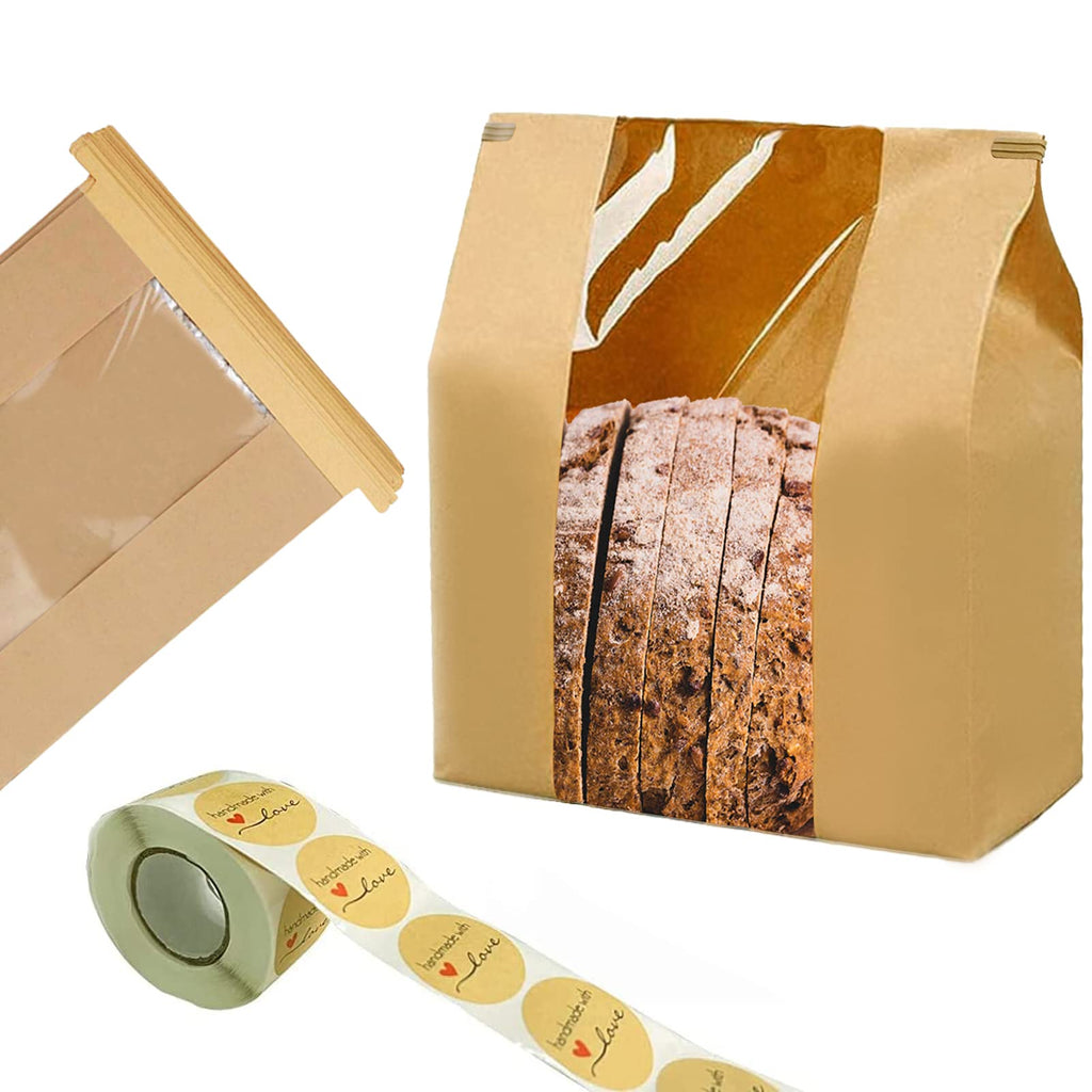 NOONEAST 100 Pack Large Paper Bread Bags for Homemade Bread Sourdough Bags 14" x 8.3" x 3.5" with Tin Tie Tab Lock Clear Front Window Bakery Bag Packaging Cookie Bag with Label Seal Stickers