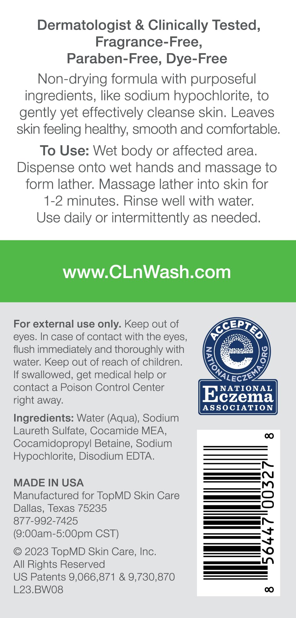 CLn® BodyWash - Non-Drying Body Wash, For Compromised Skin Prone to Eczema, Dermatitis, Rash & Hidradenitis Suppurativa, Fragrance-Free & Paraben-Free, 8 fl oz.