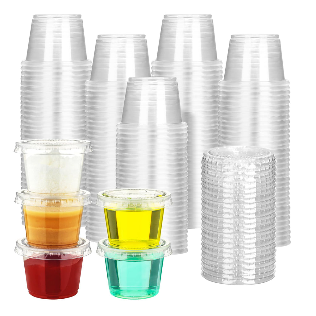 YEEHAW 100 Sets - 1 oz Jello Shot Cups with Lids, Portion Cups, Clear Disposable Plastic Jello Shot Cups for Meal Prep, Salad Dressing, Soufflé, Portion Containers