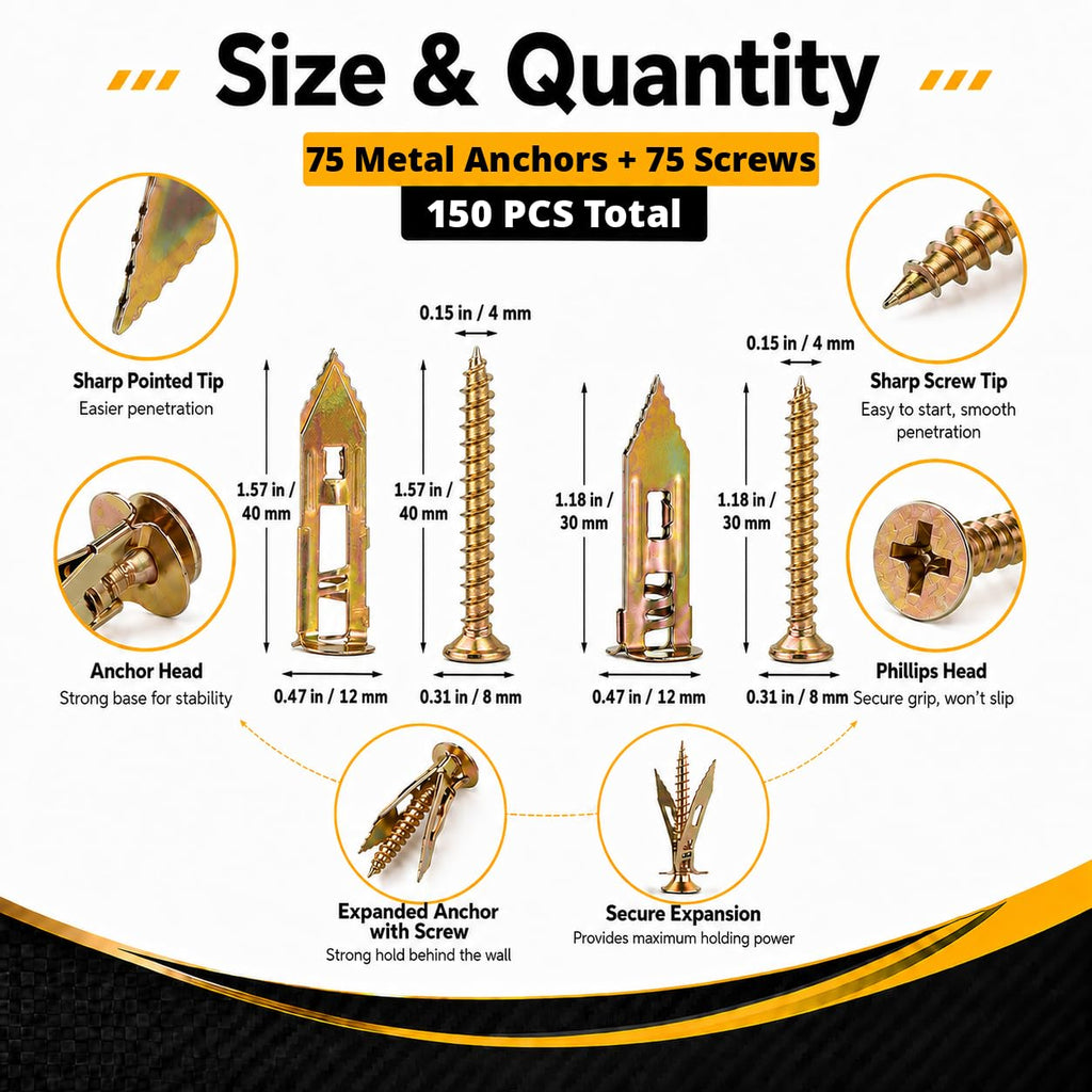 Jyphorixal 150Pcs Self Drilling Drywall Anchors with Screws Kit,Zinc Plated Steel,2 Sizes Expansion Screws and 2 Sizes Wall Anchors, Easy Application No Drill or Holes in Wall.