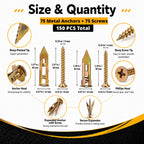 Jyphorixal 150Pcs Self Drilling Drywall Anchors with Screws Kit,Zinc Plated Steel,2 Sizes Expansion Screws and 2 Sizes Wall Anchors, Easy Application No Drill or Holes in Wall.