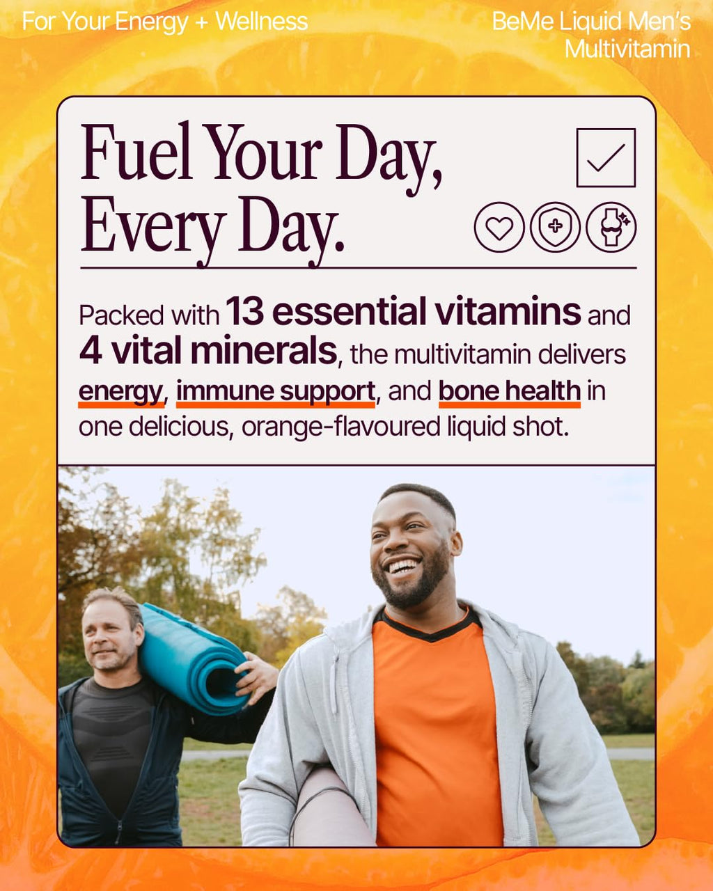 BeMe Liquid Multivitamins for Men - Advanced Liquid Delivery System with 13 Vitamins & Minerals - Tear & Go Sachets, Non-GMO, Orange Flavor (30 Sachets)