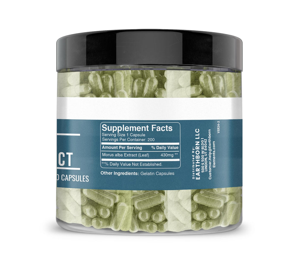 Earthborn Elements White Mulberry Leaf Extract 200 Capsules, Pure & Undiluted, No Additives