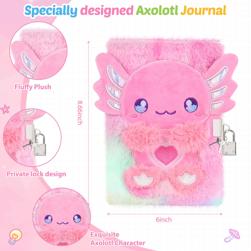 homicozy Axolotl Diary with Lock, Gift for 6 7 8 Year Old Girl, Secret Diary Journal Tie-Dye Fuzzy Notebook with 160 Pages,Cute Stationery Axolotl Gift for Girls