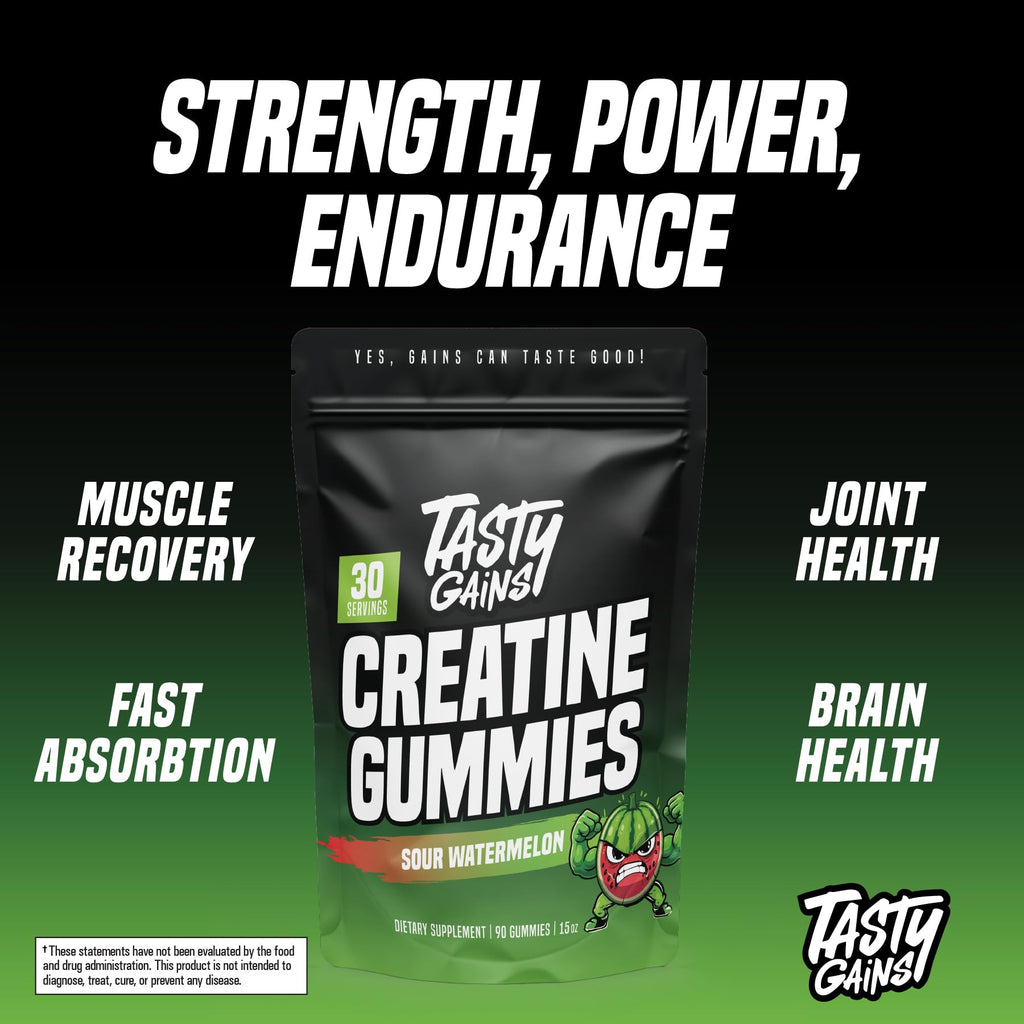 TASTY GAINS Creatine Gummies, 90g of Creatine, Non-GMO, Vegan - Build Muscle & Boost Strength for Men & Women (1g Creatine Monohydrate Per Gummy) Made in USA (90, Sour Watermelon)
