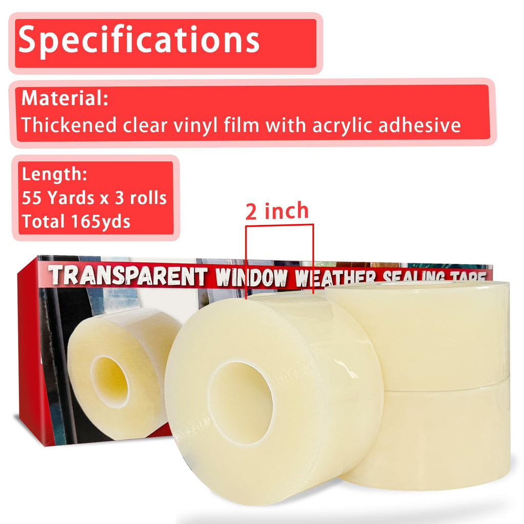 Birllaid Window Sealing Tape, Window AC Sealing Tape,3 Pack-2 inch x55Yards(165 FT) Total165yds (495 FT), No Residue, Clear