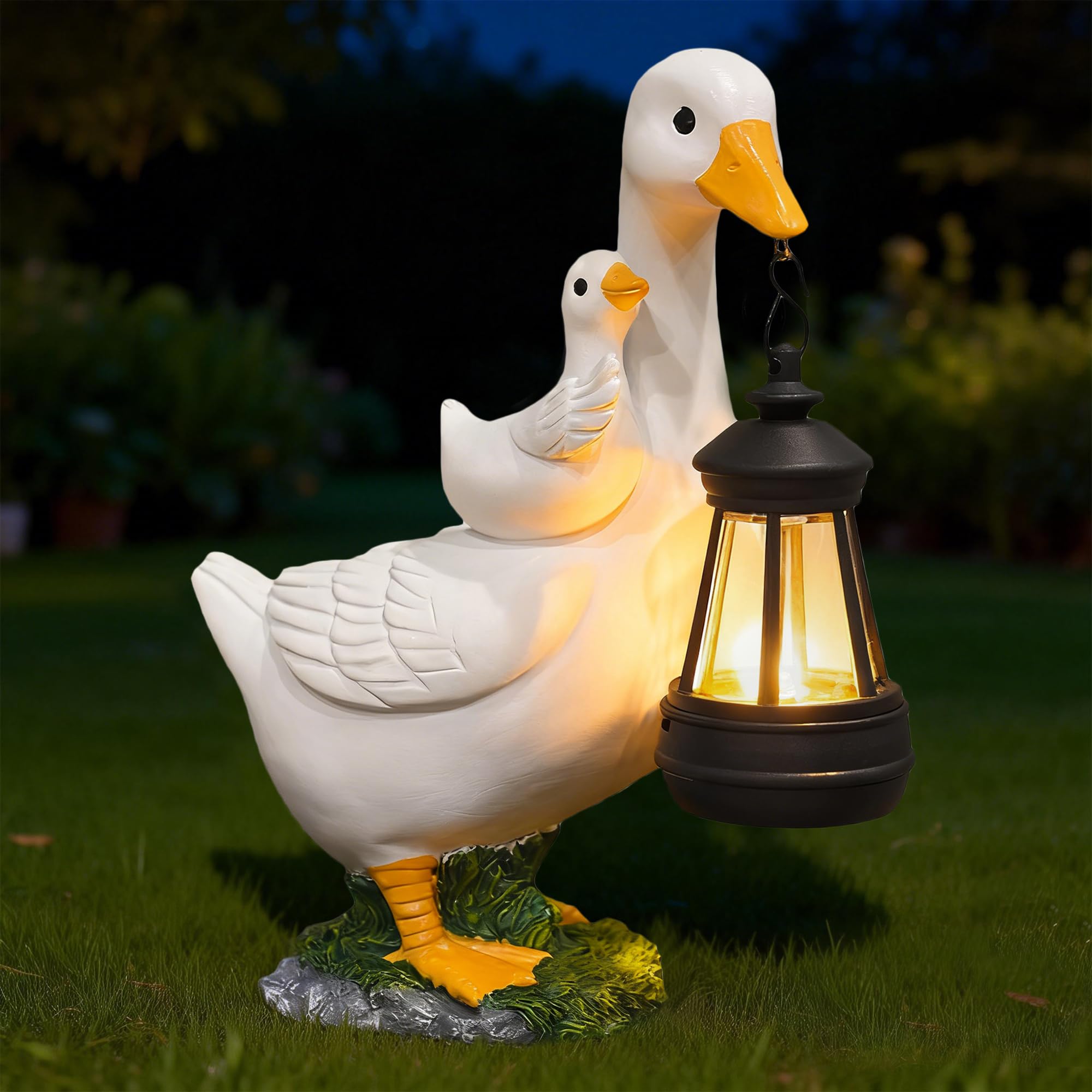 Solar Goose Statue with Lantern, 7.48" Resin Garden Decor Outdoor Ornament