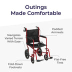 Drive Medical Lightweight Expedition Folding Transport Wheelchair - Ultra Lightweight Mobility Support for Seniors & Adults - Strong Aluminum Frame - Hand Brakes - Compact Folding Travel Chair - Red