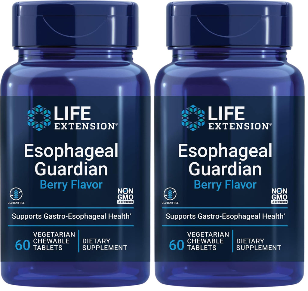 Life Extension Esophageal Guardian,alginic Acid,Potassium Bicarbonate,get Long-Lasting Relief from gastric Distress,Vegetarian,Non-GMO,Gluten-Free,60 Vegetarian chewable Tablets,(Pack of 2)