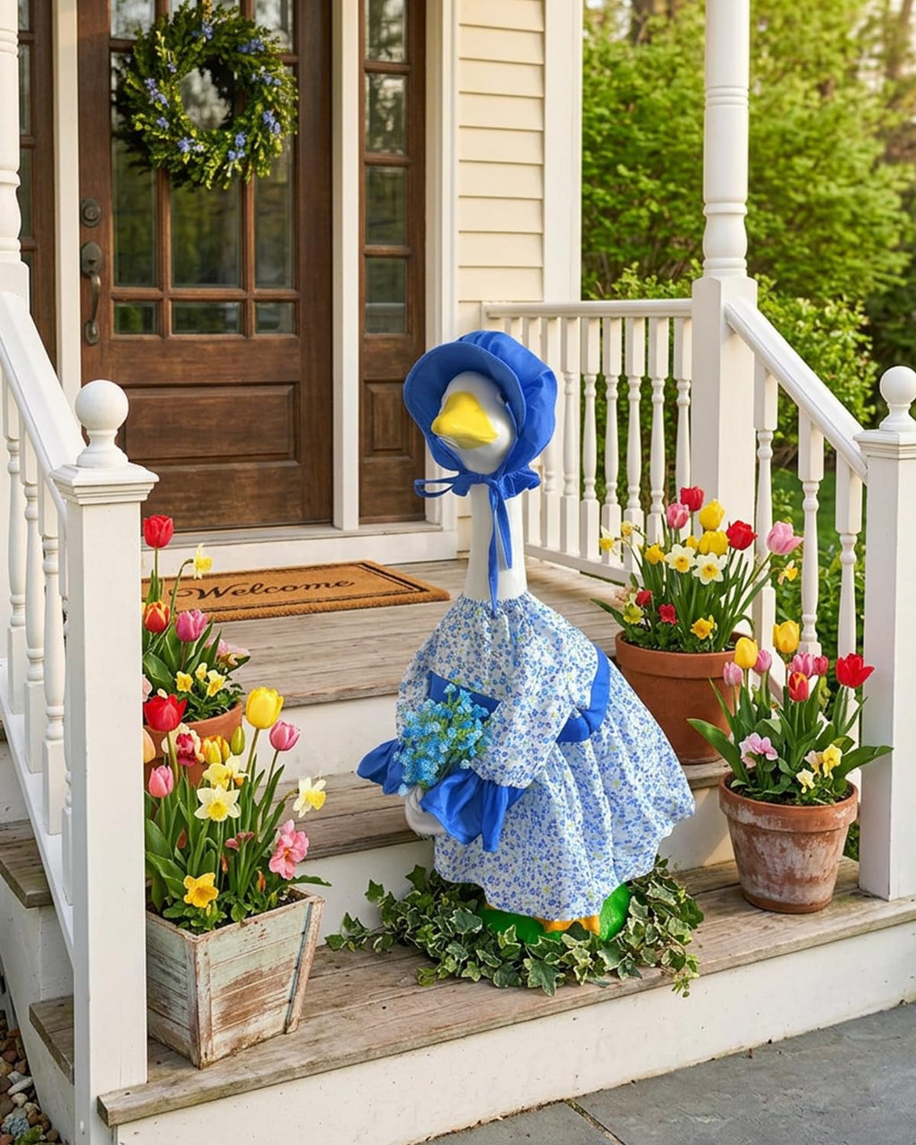 Fall Summer Porch Goose Outfits, Floral Dress & Hat Fits 23" Statue