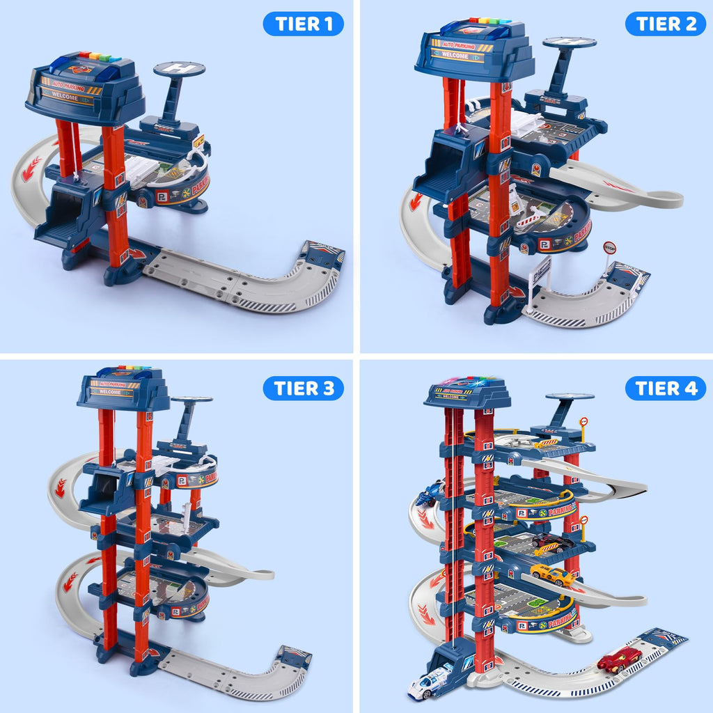 DUYOYU City Ultimate Garage Track Set with Electric Elevator, Upgrade 5 Levels Toy Car Garage with 5 Die-Cast Toy Cars & 1 Helicopter