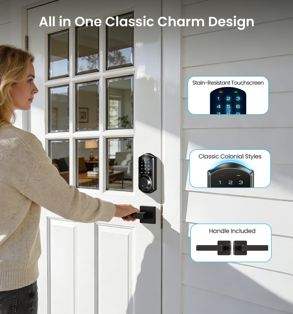 Veise VE06-L Smart Locks with 2 Lever Handle Set, App Control, Keyless Entry Deadbolt for Front Door, Electronic Digital Touchscreen Keypad, Auto Lock, Waterproof, Easy Installation, Matte Black