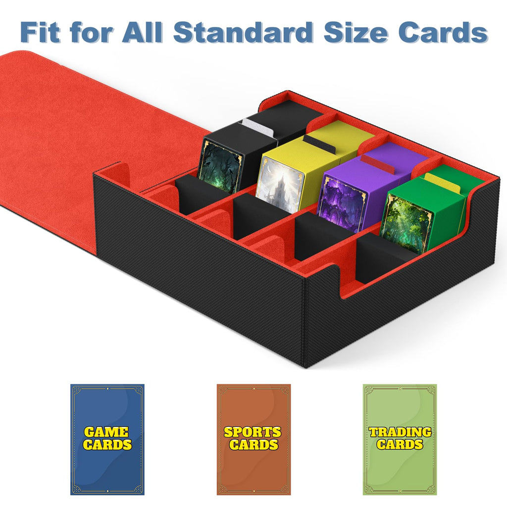 Mlikero Card Deck Case, 2400+ Trading Card Storage Box with 10 Colorful Dividers and 4 Foam Stoppers, Leather Magnetic Closure Commander Deck Box Fit for MTG, TCG (4 Rows, Black&Red)