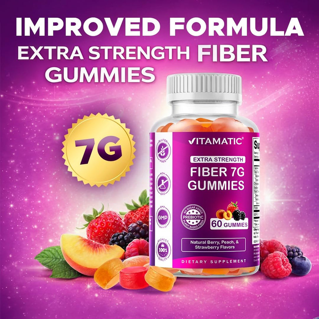 Vitamatic Prebiotic Fiber Gummies for Adults – 2 Pack (Total 120 Gummies) 7g Fiber per Serving | Extra Strength | Zero Sugar Added | Pectin-Based | Digestive Health & Regularity Support