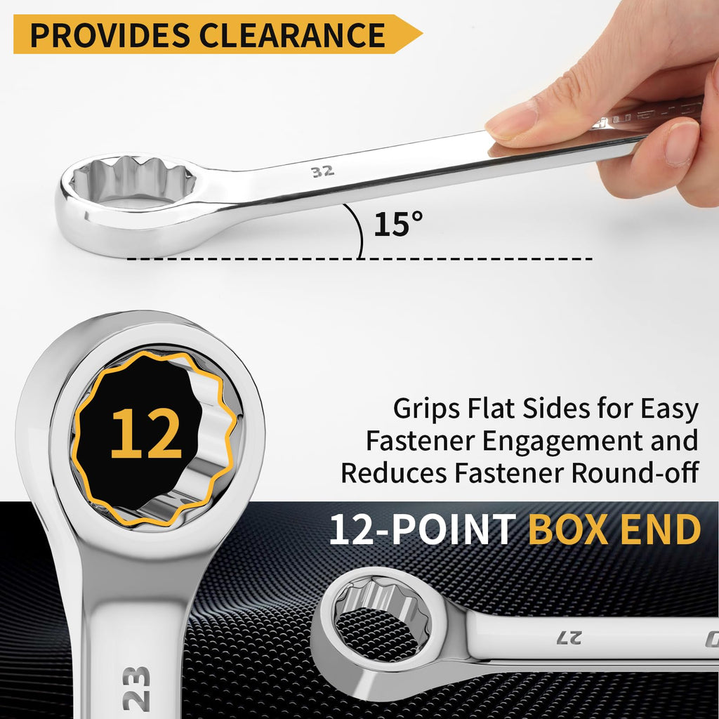 GRENPRO Metric Wrench Set, Large Wrench Set Metric and Standard, 7PC 23mm, 24mm, 26mm, 27mm, 30mm, 32mm Long Big Open End Wrench Tool Set Roll Up Pouch Organizer with Gauge, Combination Wrenches Sets
