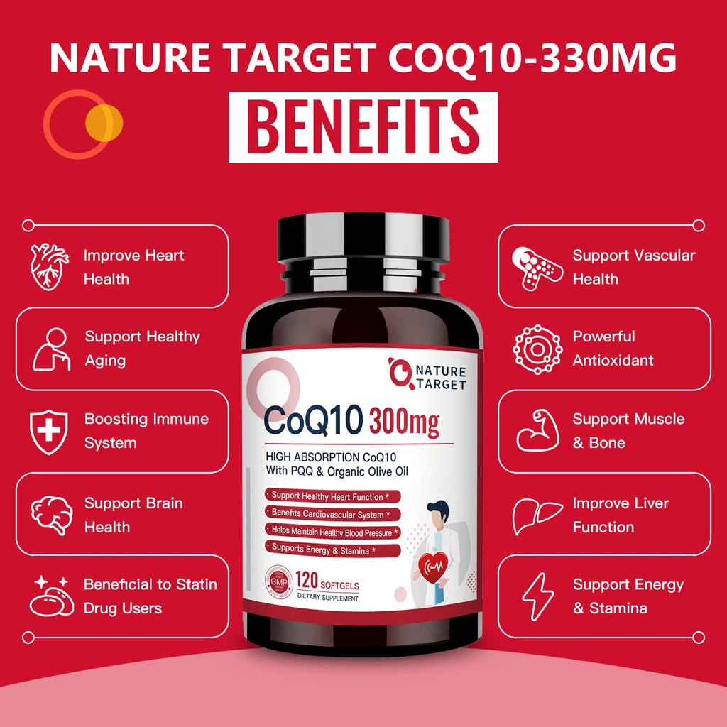 NATURE TARGET CoQ10-300mg-Softgels + PQQ with Organic-Olive-Oil - High Absorption-Coenzyme-Q10 - Antioxidant-for-Heart-Health and Immune Support, Energy Production, 120 Servings