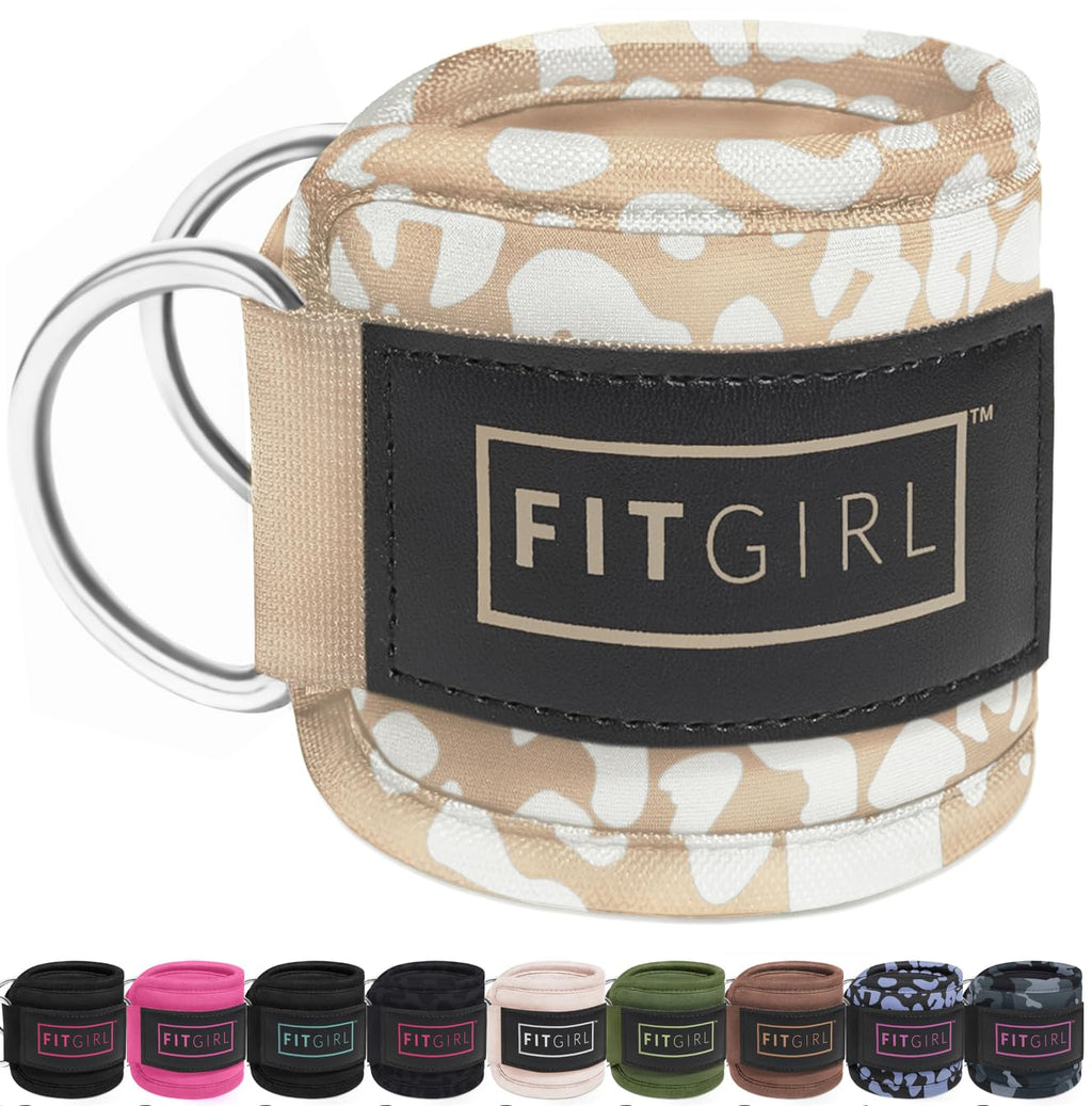 FITGIRL - Ankle Strap (Pair) for Cable Machines and Resistance Bands, Work Out Cuff Attachment for Home & Gym, Glute Workouts - Kickbacks, Leg Extensions, Hip Abductors, Women Only (Beige Leopard)