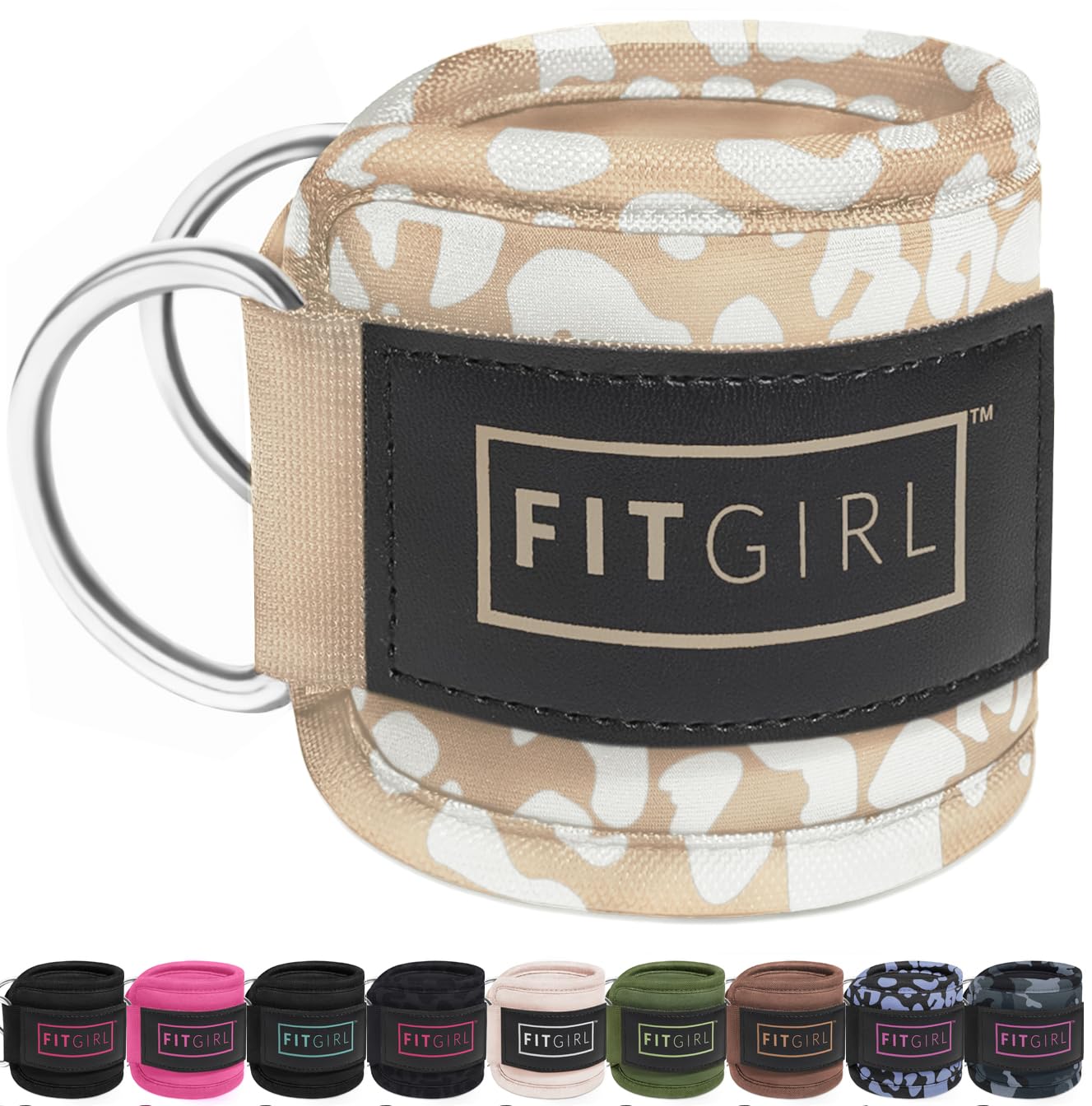 FITGIRL - Ankle Strap (Pair) for Cable Machines and Resistance Bands, Work Out Cuff Attachment for Home & Gym, Glute Workouts - Kickbacks, Leg Extensions, Hip Abductors, Women Only (Beige Leopard)